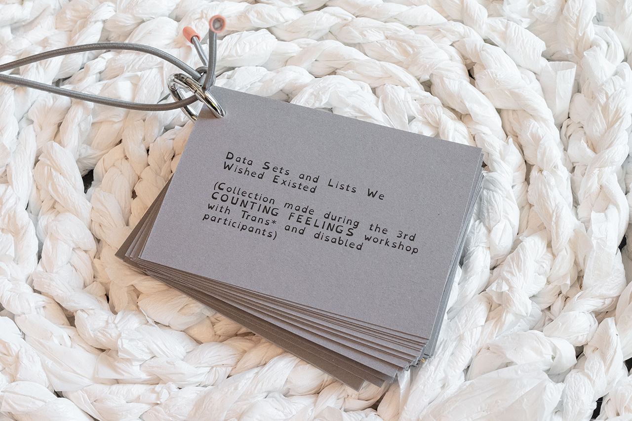 A close-up photo of a booklet resting on a flat pillow made from curled-up white plastic ropes. The booklet's thick grey pages are held by a metal ring. The font OpenDyslexic reads the letters: Data Sets and Lists We Wished Existed. Collection made during the 3rd Counting Feelings workshop with Trans* and disabled participants